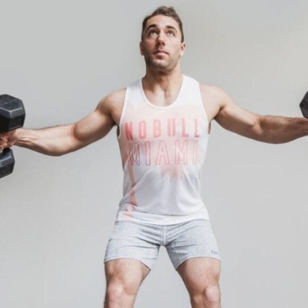 NoBull Men's White Pink Palm Tree Miami Graphic Tank Top Athletic CrossFit Small
